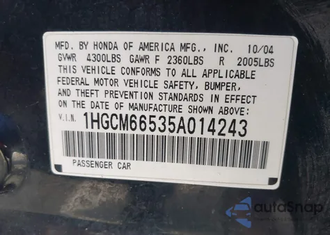 2005 Honda Accord 3.0 Ex from USA, damaged, VIN 1HGCM66535A014243